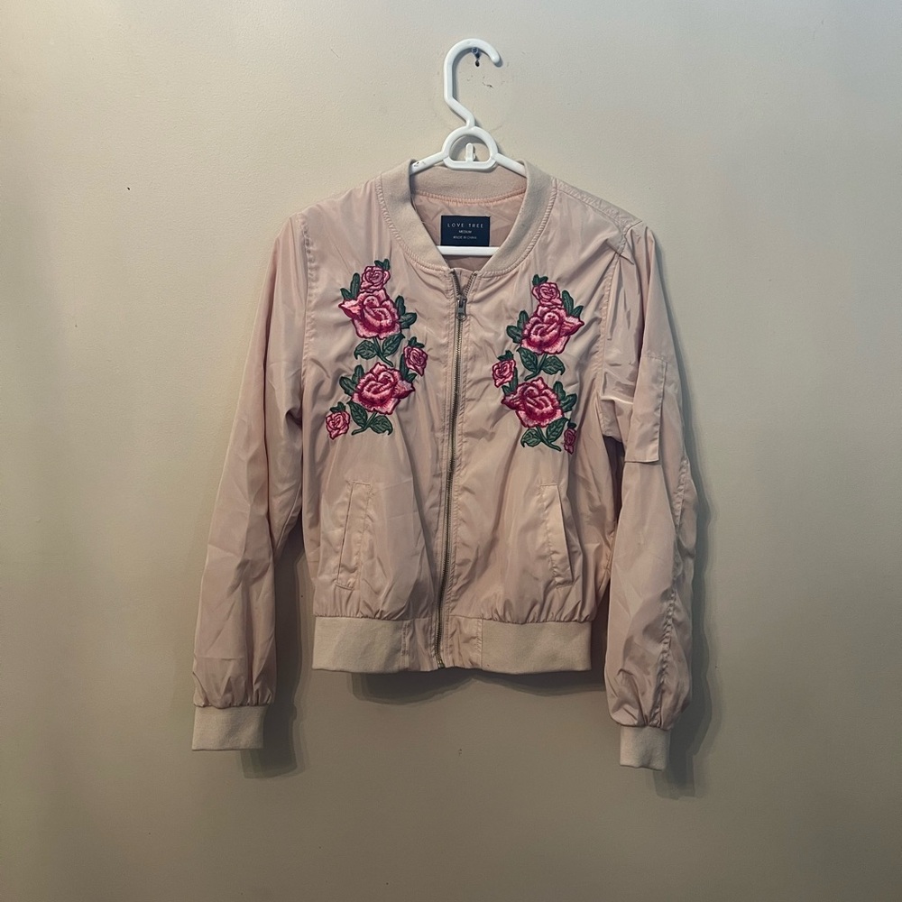 Forever 21 Pink Floral Embroidered Bomber Jacket